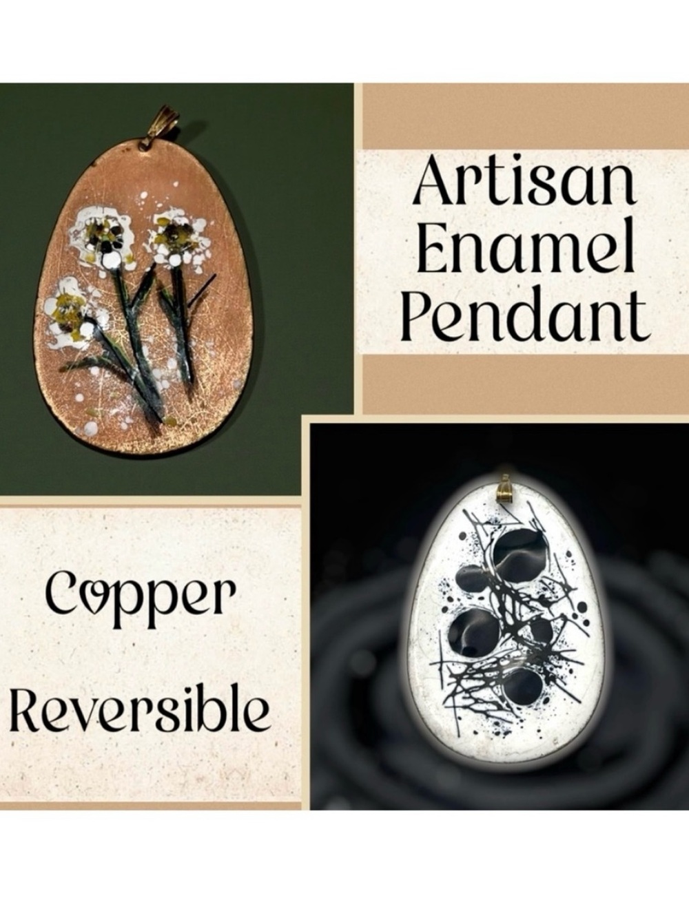 Artisan Reversible Enamel on Copper Pendant Floral and Abstract Egg Shape Vtg